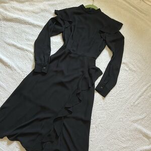 Ruffle flowy black A line dress with long sleeves